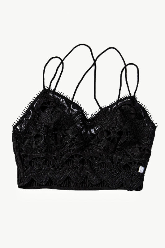 Smocked Eyelash Trim Lace Bralette Black