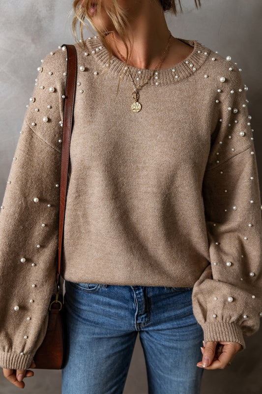 Pearl Detail Round Neck Long Sleeve Sweater | Chic & Cozy Mocha