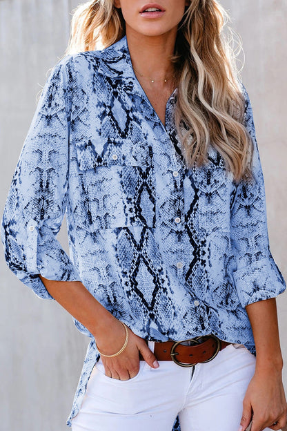 Pockted Printed Button Up Shirt Light Blue