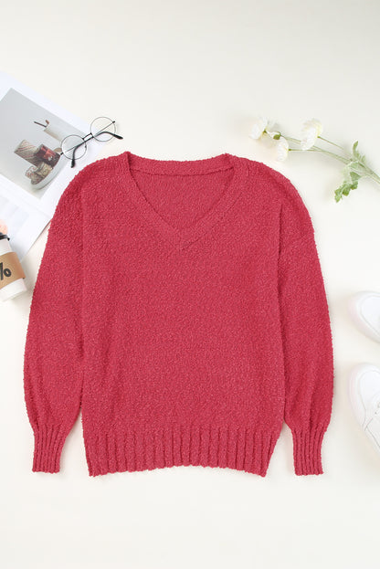 V-Neck Drop Shoulder Slit Sweater Red