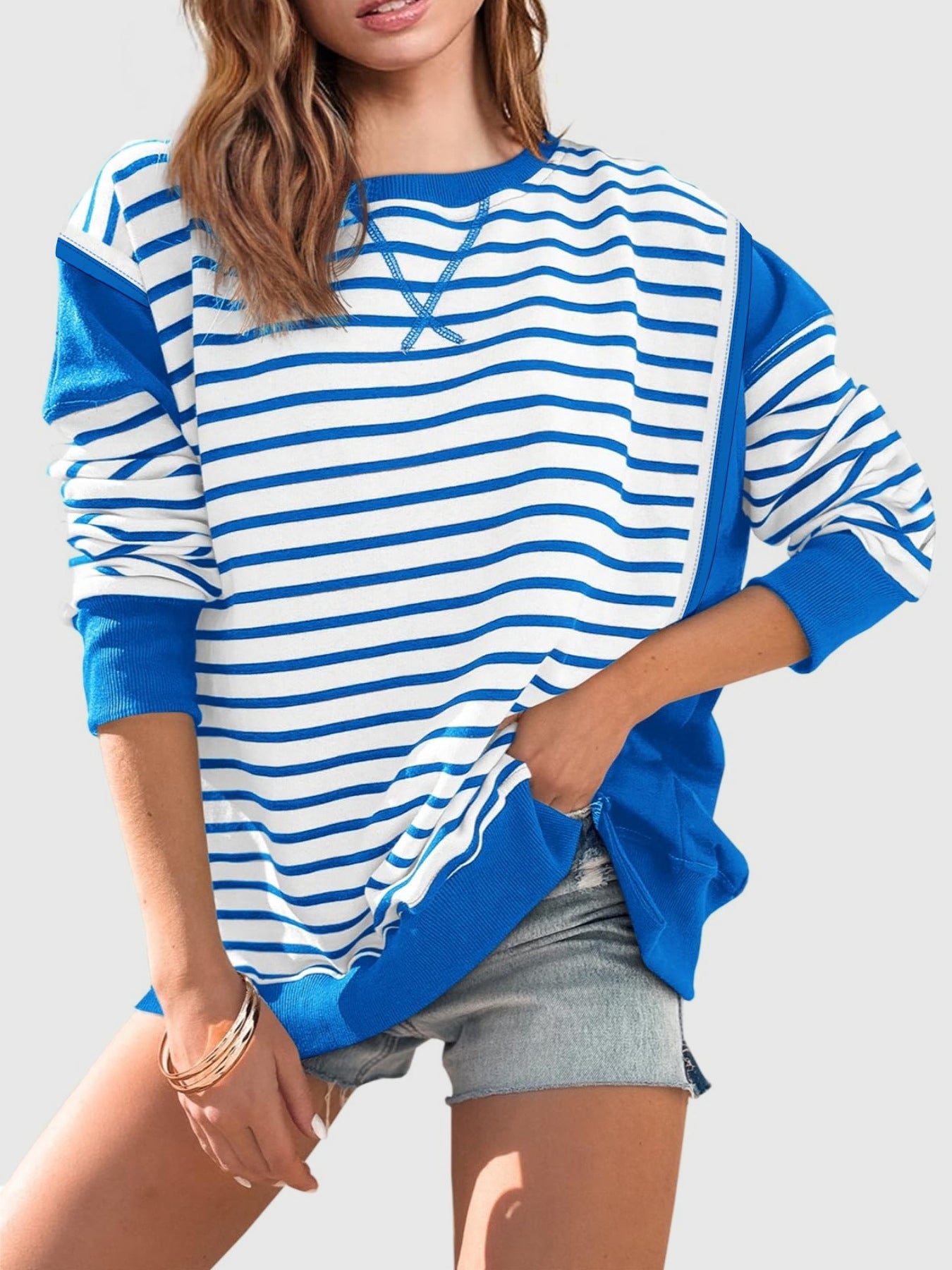 Slit Exposed Seam Striped Long Sleeve Sweatshirt Royal Blue