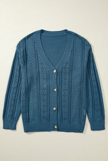 Real Teal Open Knit V Neck Button Front Drop Shoulder Plus Size Cardigan