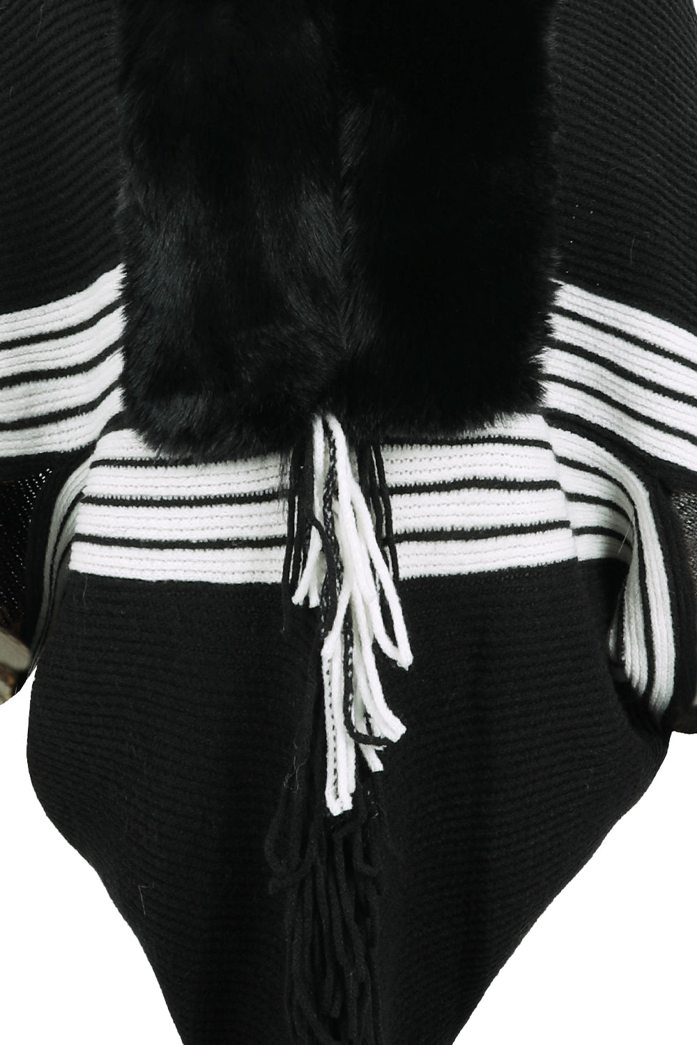 Striped Fringe Detail Long Sleeve Poncho - Thandynie