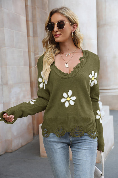 Flower Distressed Long Sleeve Sweater Olive Brown