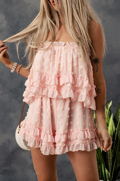 Swiss Dot Ruffled Strapless Romper Watermelon pink