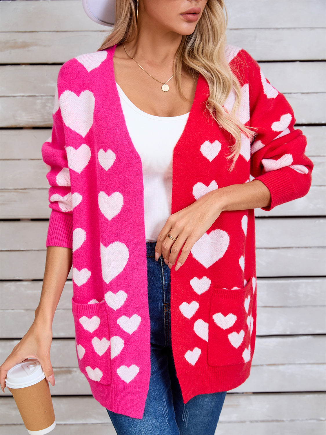 Angel Wings Heart Open Front Long Sleeve Cardigan Hot Pink