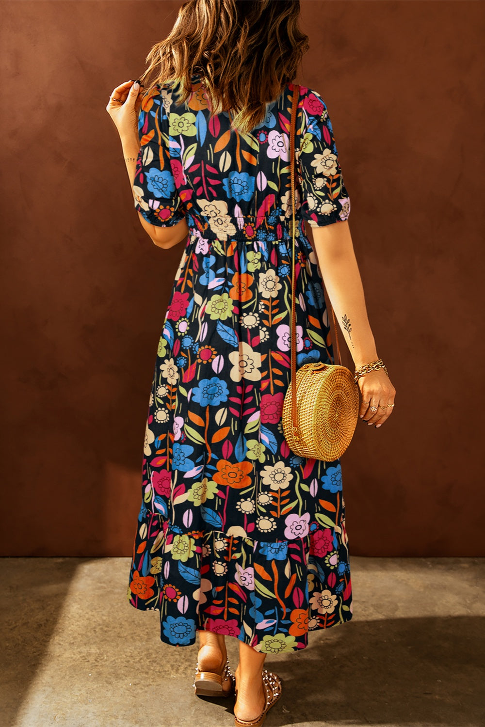 Printed V-Neck Half Sleeve Midi Dress - Thandynie