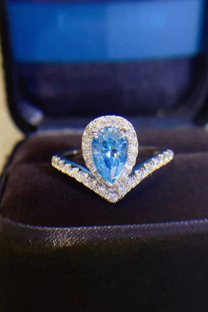 1 Carat Pear Shape Moissanite Heart Ring Sky Blue