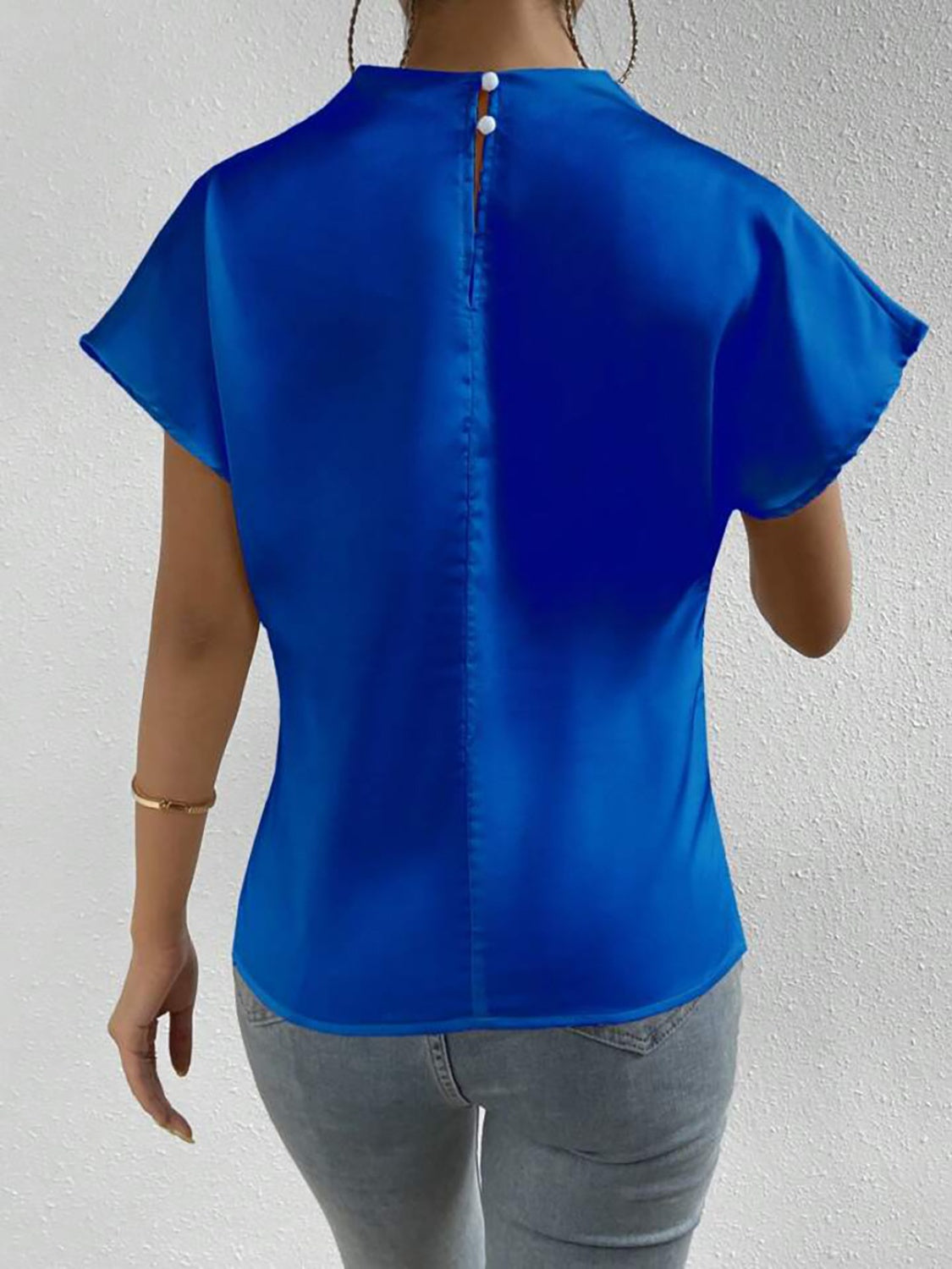 Ruched Mock Neck Short Sleeve Blouse Royal Blue