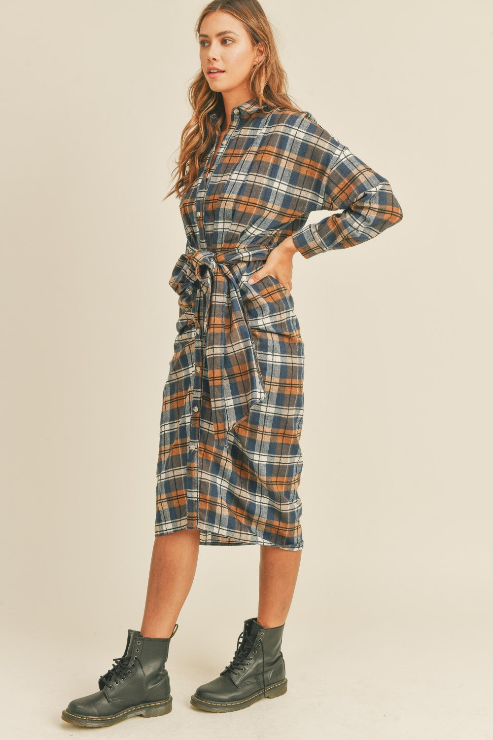 Mable Plaid Flannel Front Tie Button Down Shirt Dress