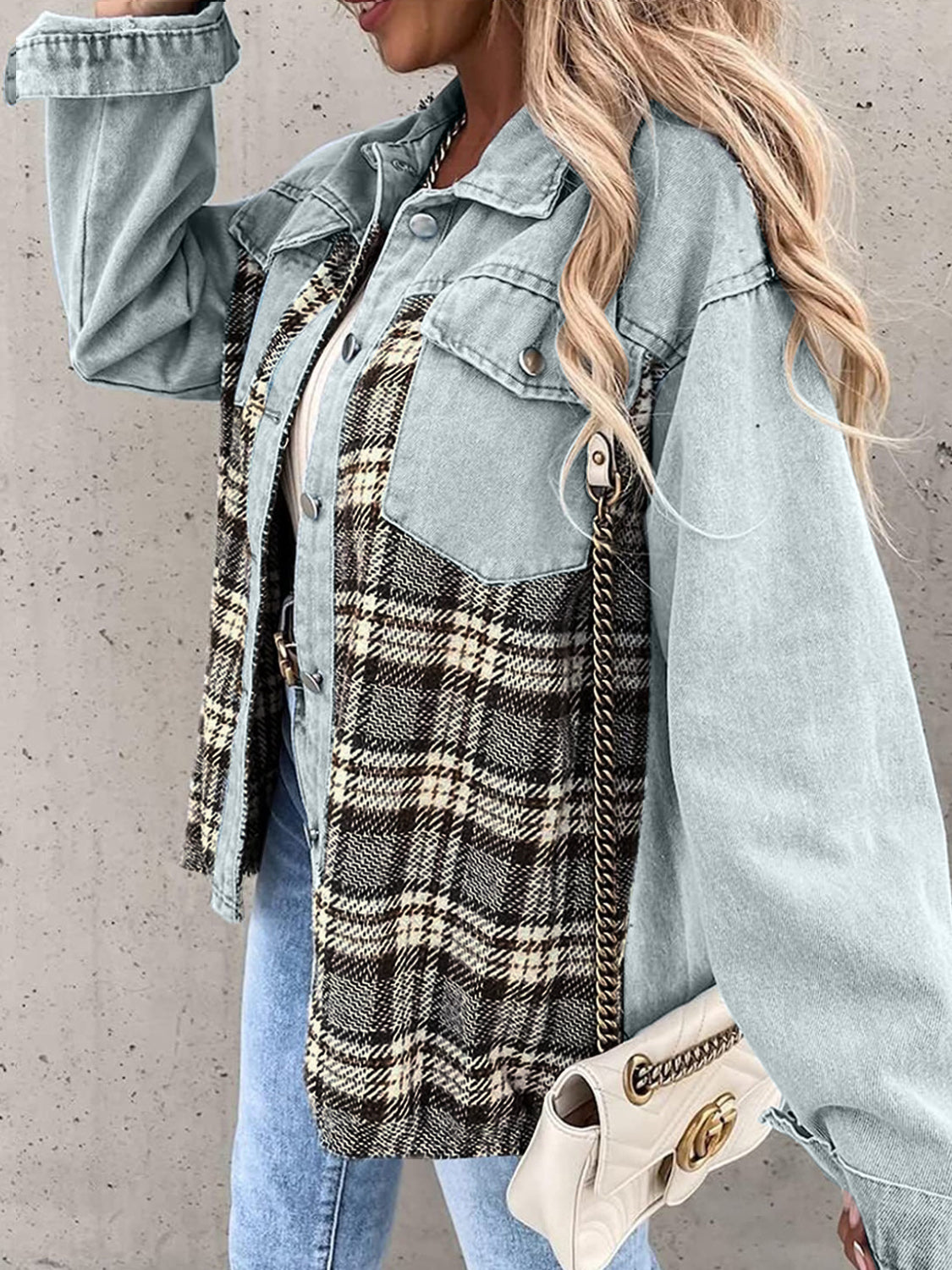 Plaid Button Up Dropped Shoulder Jacket - Thandynie