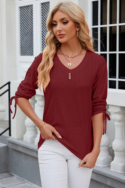 Eyelet Drawstring V-Neck Half Sleeve T-Shirt Burgundy