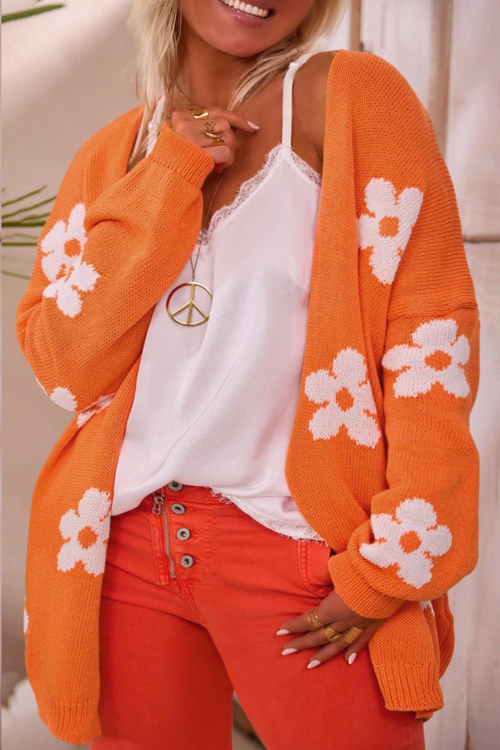 Orange Flower Pattern Drop Shoulder Plus Size Cardigan Orange 55%Acrylic+45%Cotton