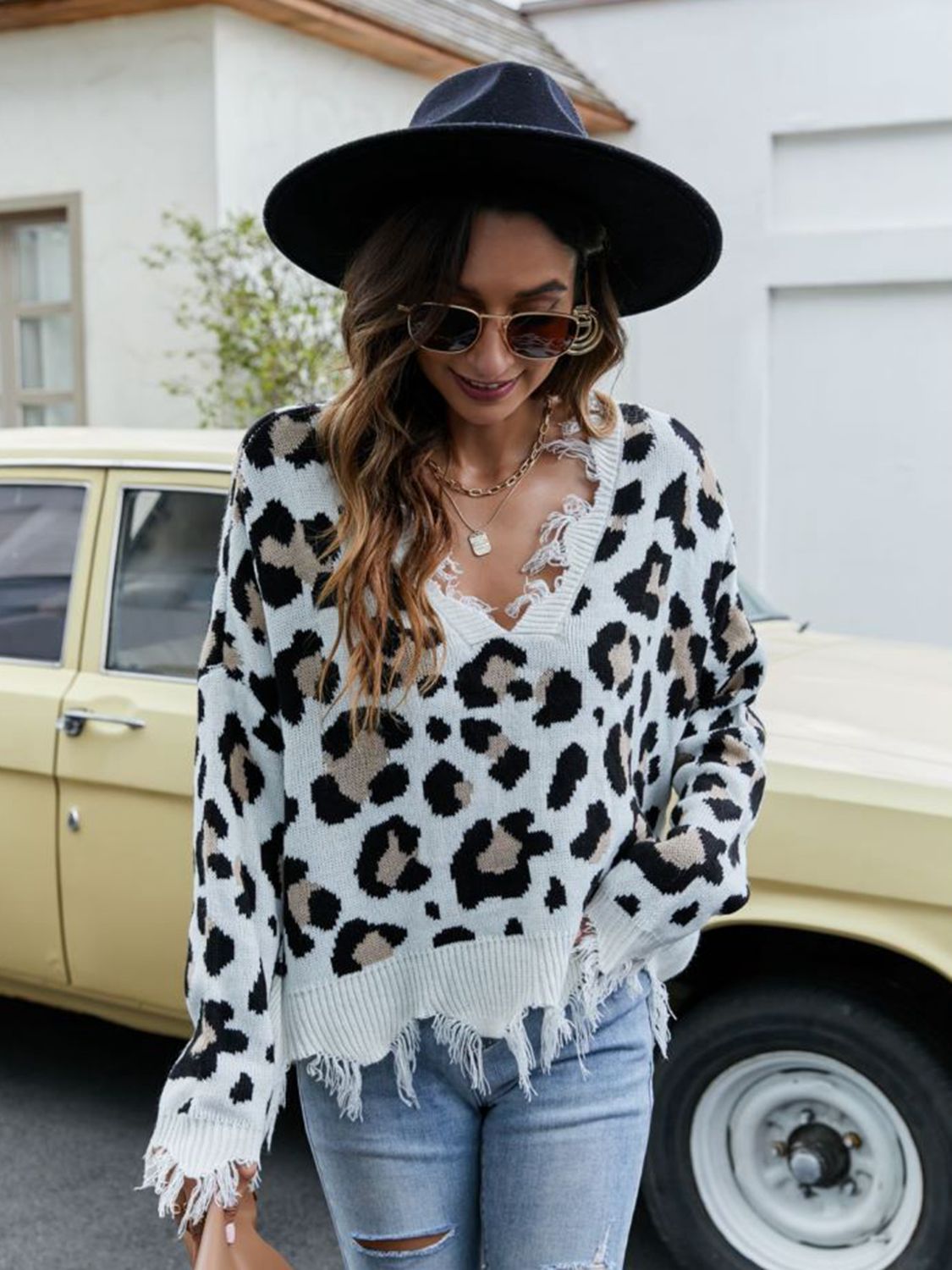 Animal Print Distressed V-Neck Drop Shoulder Sweater