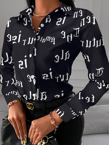 Printed Collared Neck Long Sleeve Shirt Black