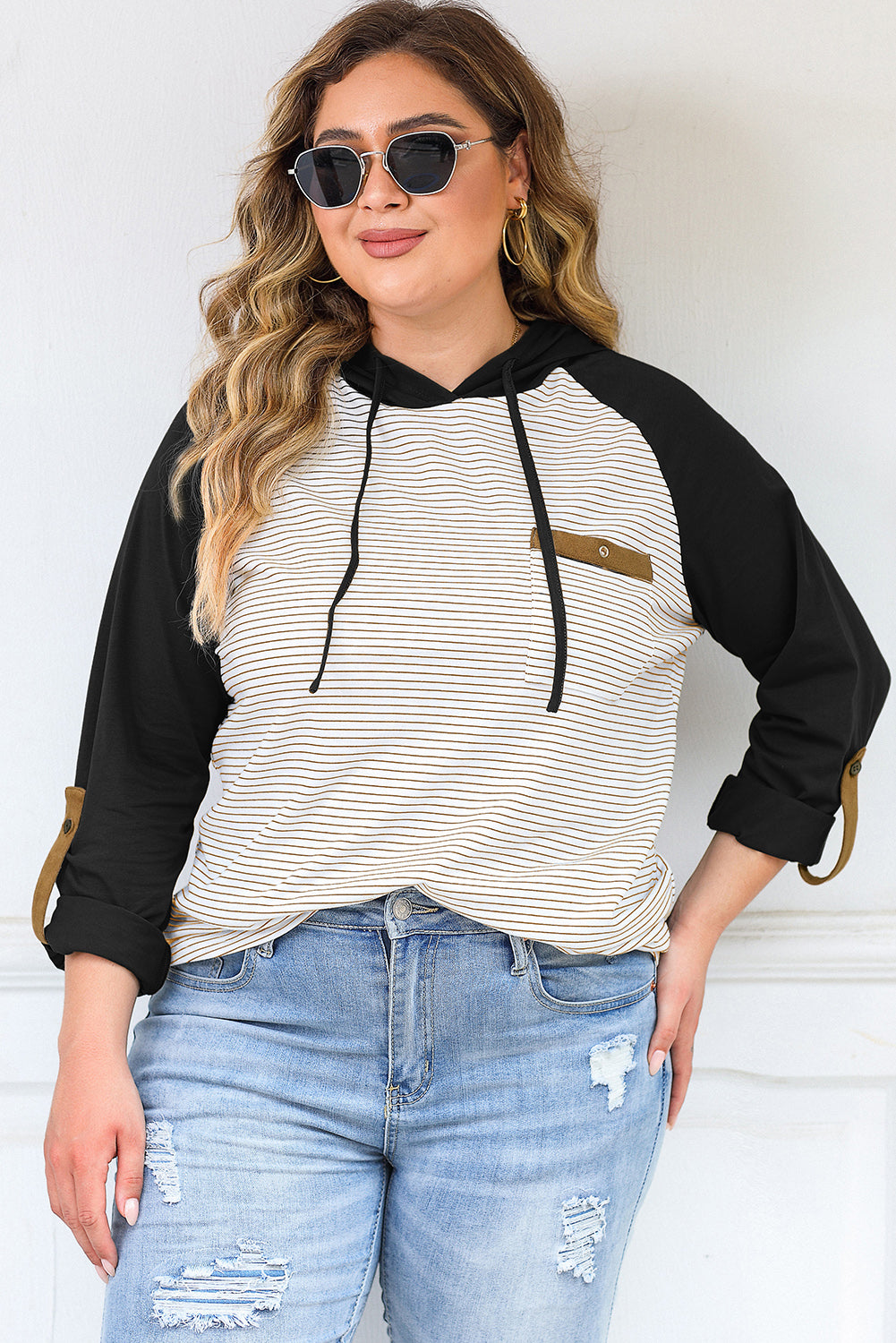 Black Striped Plus Size Hoodie with Raglan Sleeves & Buttoned Chest Pocket Black 85%Polyester+10%Cotton+5%Elastane