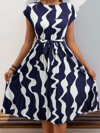 Tied Pleated Printed Cap Sleeve Dress Dark Blue