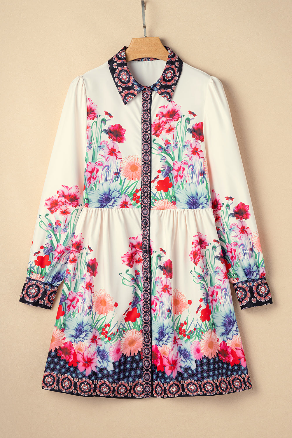 Apricot Floral Print Buttoned High Waist Shirt Mini Dress