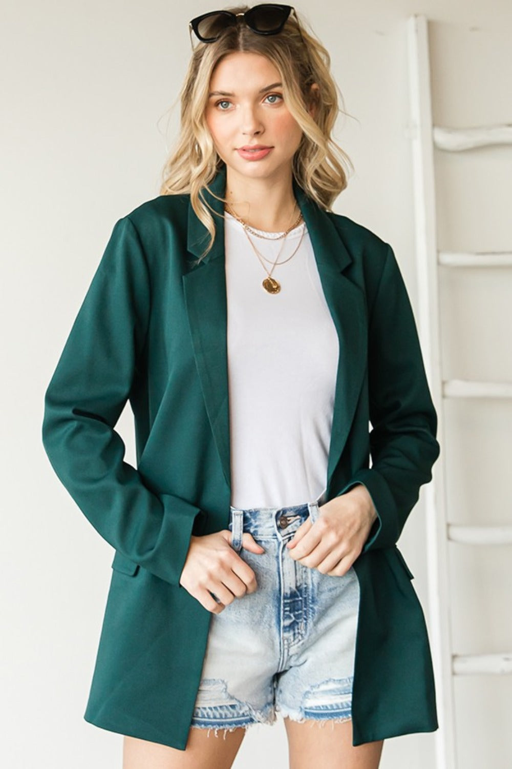 First Love Full Size Open Front Long Sleeve Blazer with Pockets Hunter Green