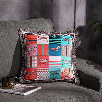 Double-sided Printed Fringe Pillow Sofa Cushion Horse and door 45x45cm Excluding core