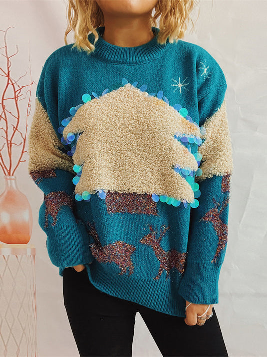 Sequin Christmas Tree & Reindeer Round Neck Sweater Sky Blue