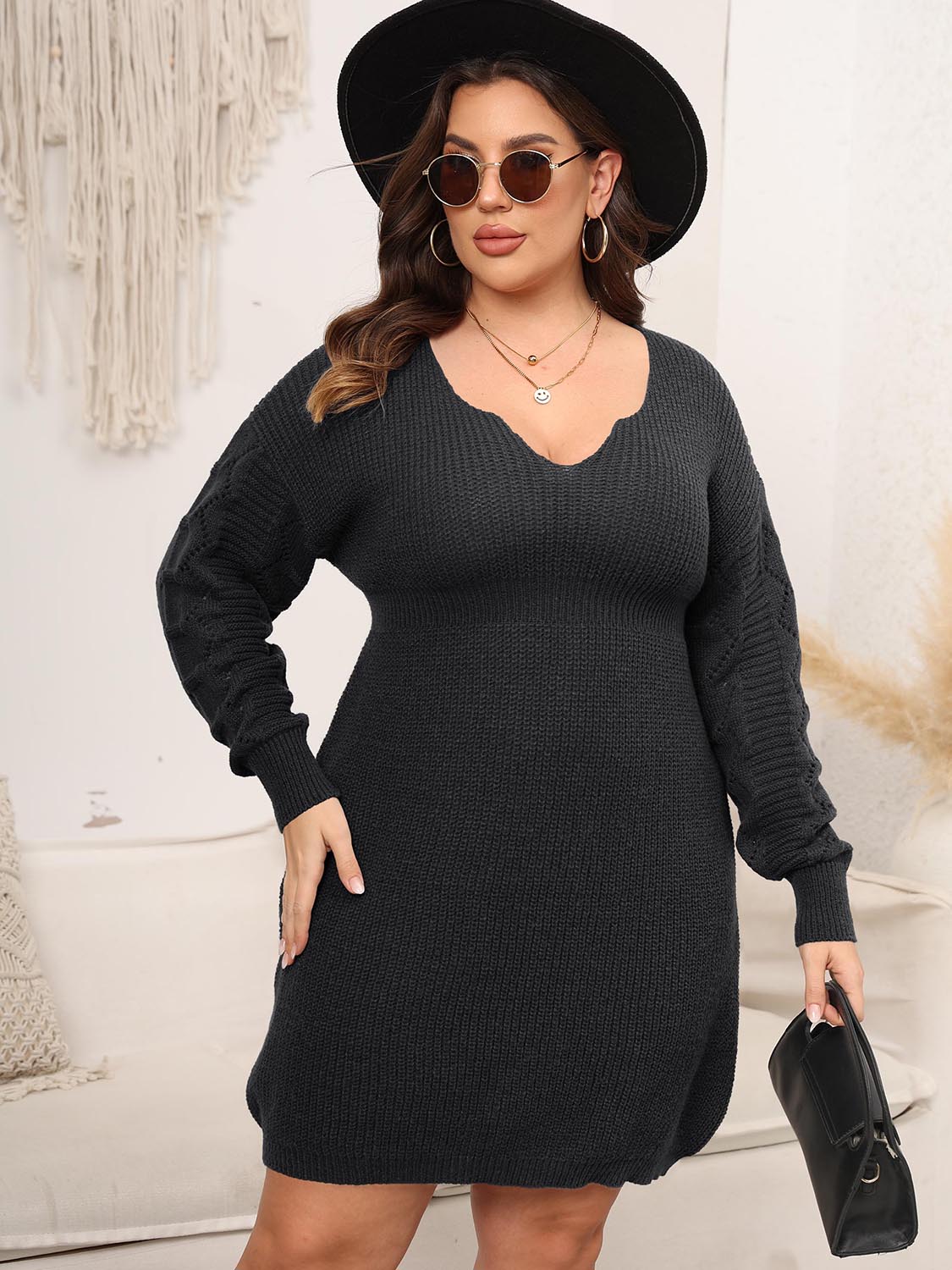 Plus Size Dropped Shoulder Long Sleeve Knit Mini Dress Black