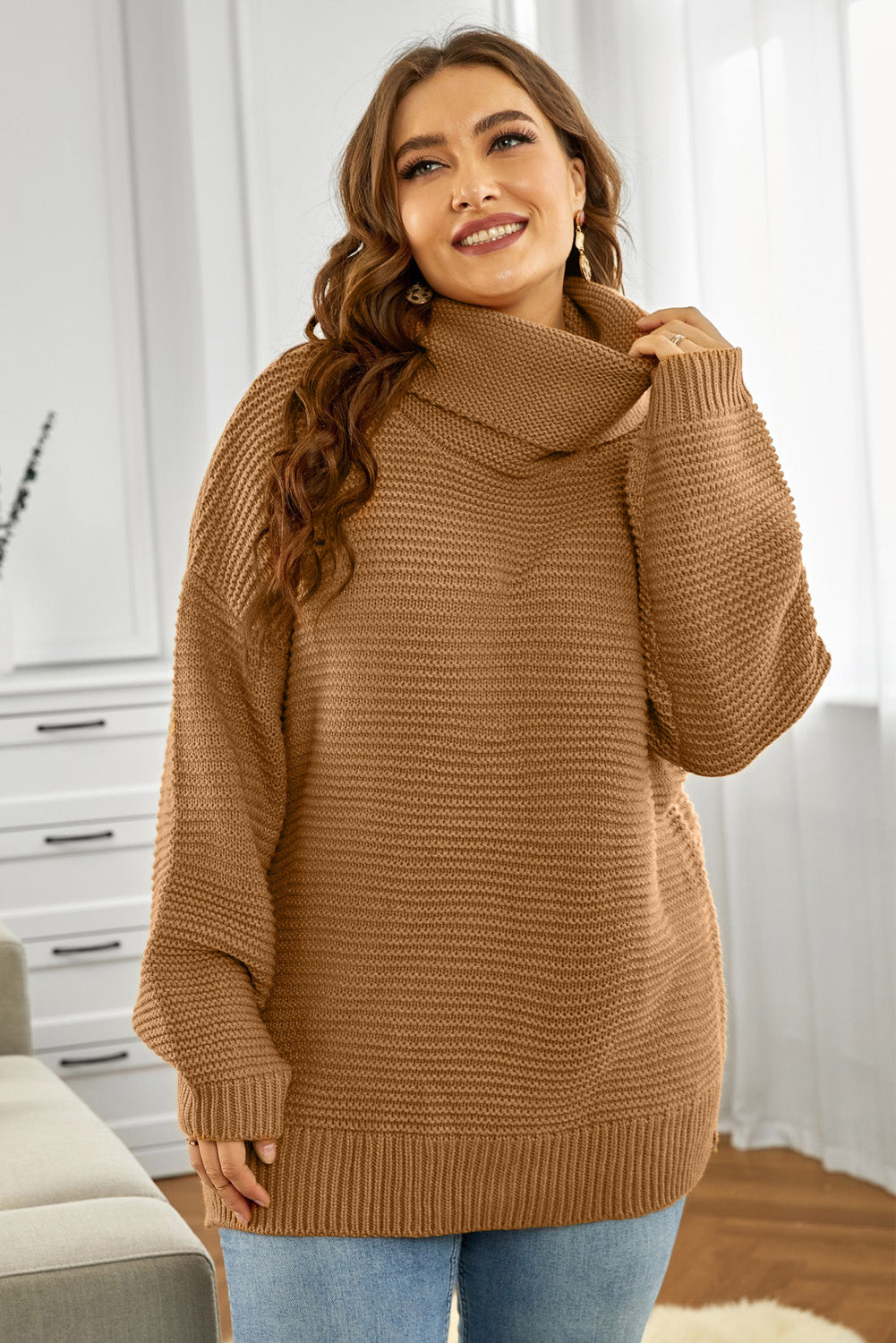 Horizontal Ribbing Turtleneck Sweater Khaki