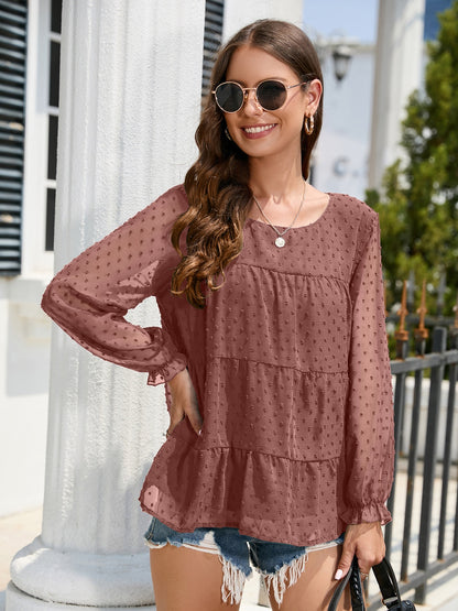 Swiss Dot Flounce Sleeve Blouse Dusty Pink