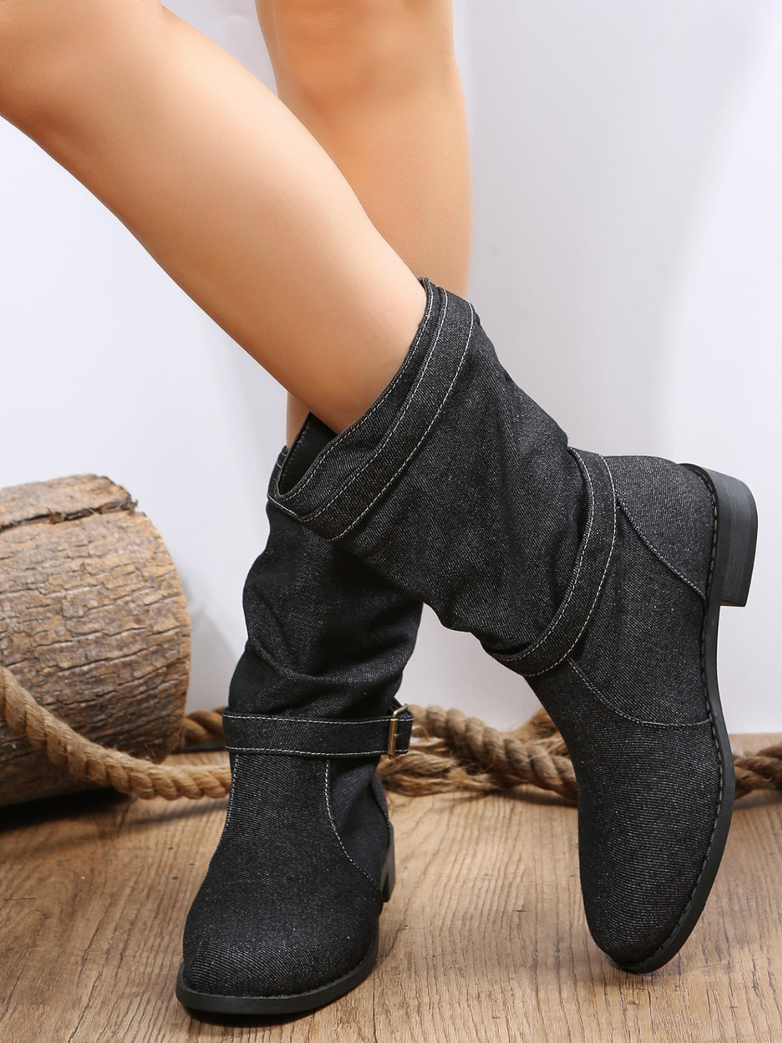 Double Buckle Block Heel Boots Dark