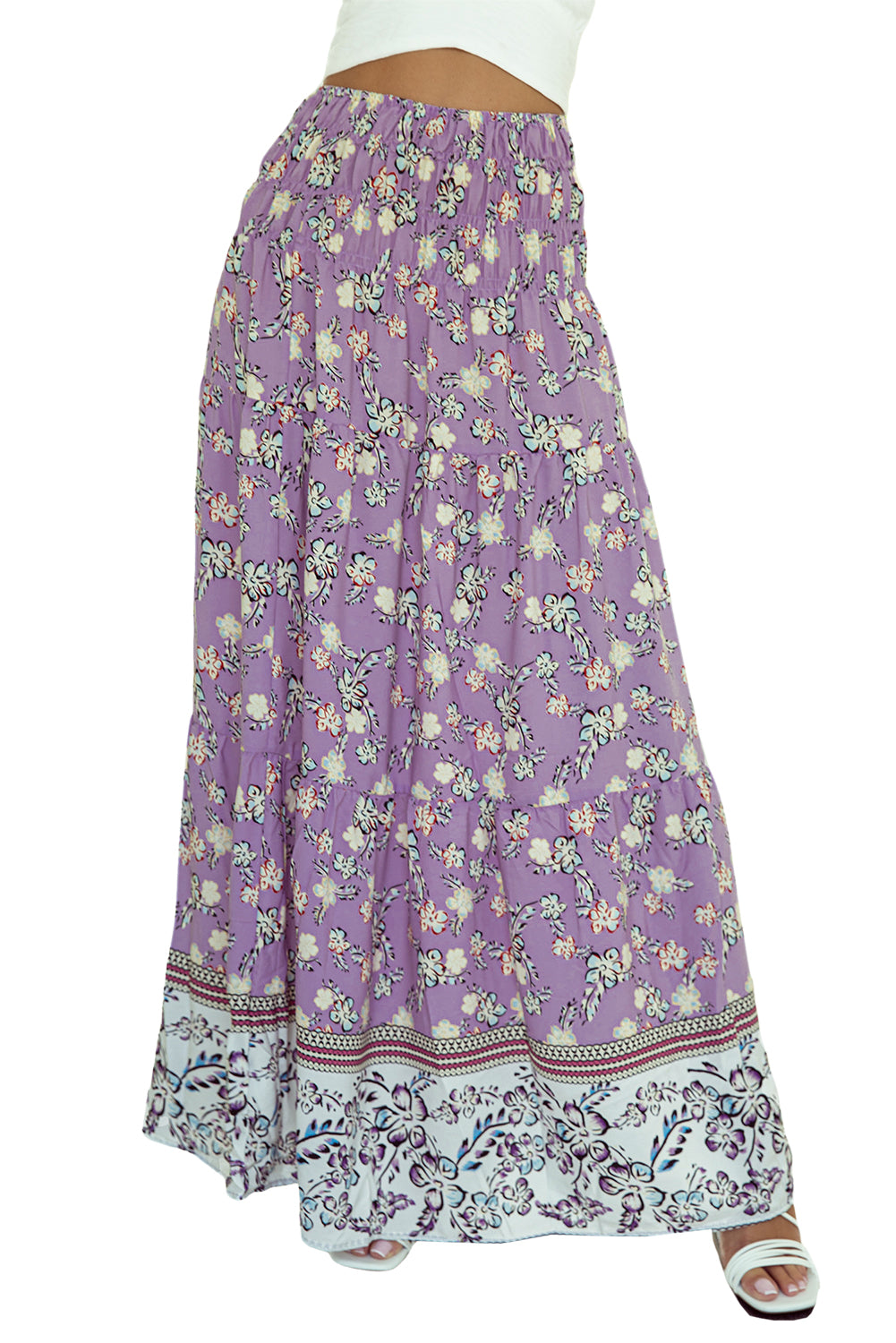 Purple Floral Print Shirred High Waist Maxi Skirt