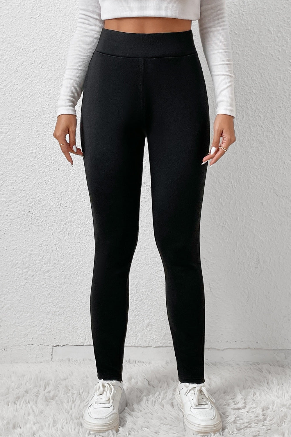 Black Fleece Lining Winter High Waist Leggings Black 90%Polyester+10%Elastane