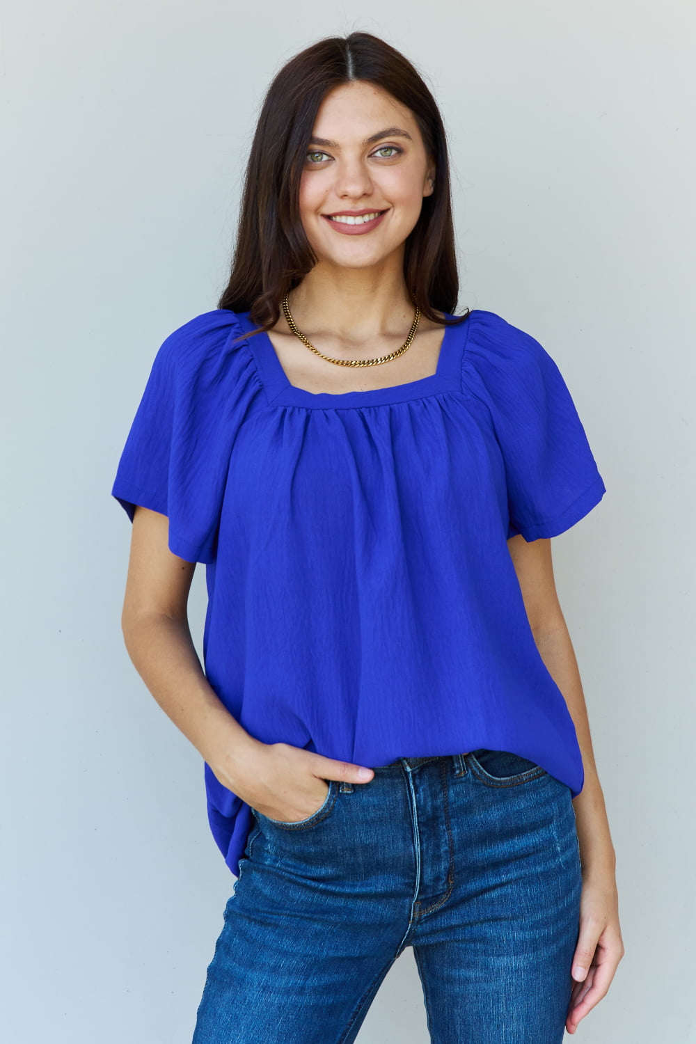 Ninexis Keep Me Close Square Neck Short Sleeve Blouse in Royal Royal