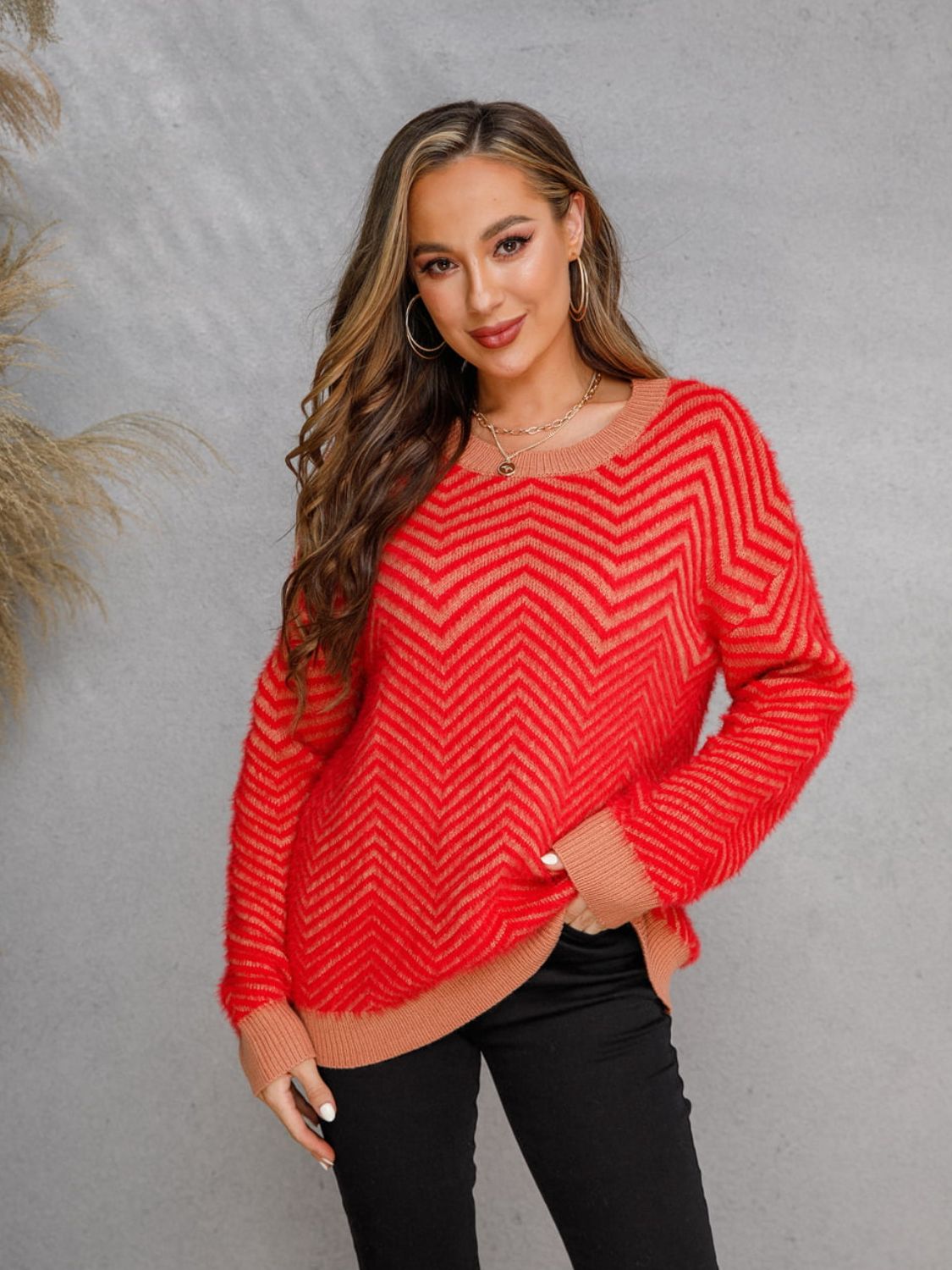 Round Neck Long Sleeve Sweater Red