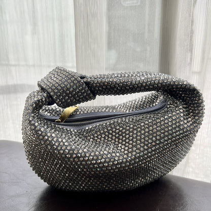 Crystal Diamond-Inlaid Half Moon Underarm Bag | Elegant Canvas Small Bag with Knots Grey silver 27cm*13cm*10cm