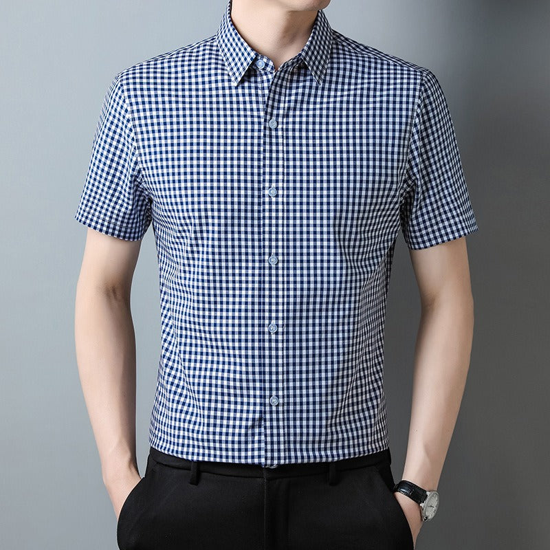 Men's Casual Short-Sleeved Lapel Shirt | 100% Cotton Checkered Cardigan Shangqing