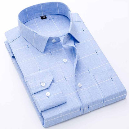 Men's Long-Sleeved Plaid Slub Cotton Shirt | Business Casual Shirt with Pocket Decoration Bamboo Joint Long Sleeved 8553