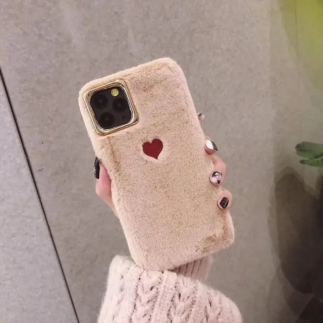 Cute Fluffy Heart Phone Case Brown iPhone X XS