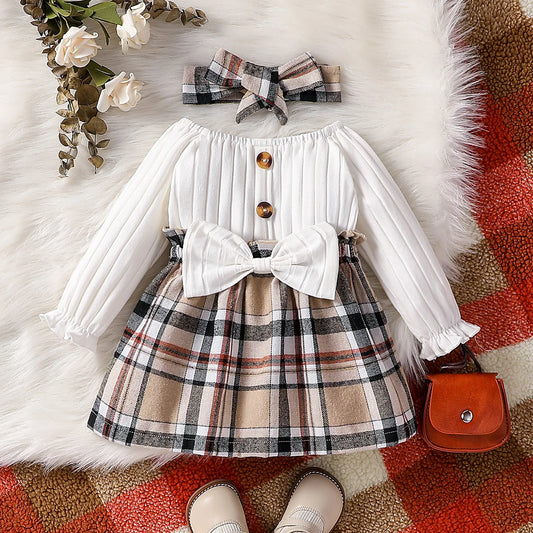 Baby Girls Autumn/Spring Long Sleeve With Bow Elegant Plaid Streetwear Dress+headband ZT1172-2-duose