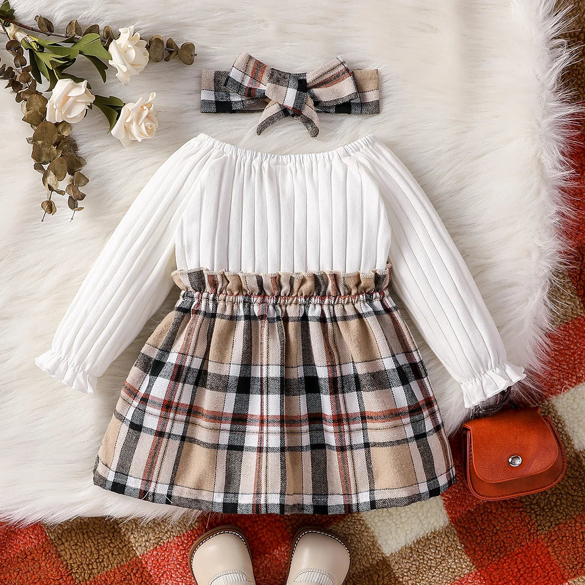 Baby Girls Autumn/Spring Long Sleeve With Bow Elegant Plaid Streetwear Dress+headband