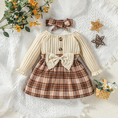 Baby Girls Autumn/Spring Long Sleeve With Bow Elegant Plaid Streetwear Dress+headband ZT1172-duose