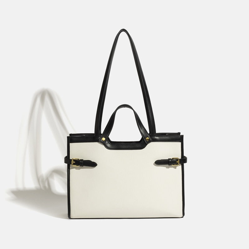 Canvas Tote Bag | High-End Niche Design Single Shoulder Commuter Handbag | Simple & Large Capacity Black and white