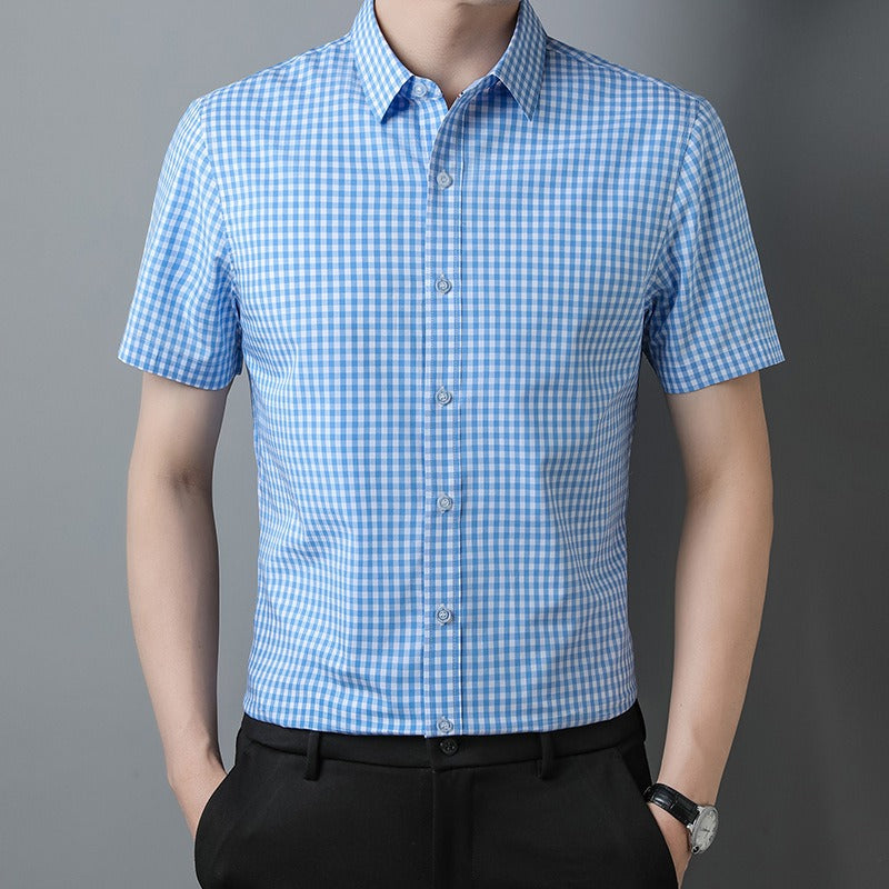 Men's Casual Short-Sleeved Lapel Shirt | 100% Cotton Checkered Cardigan Sky Blue