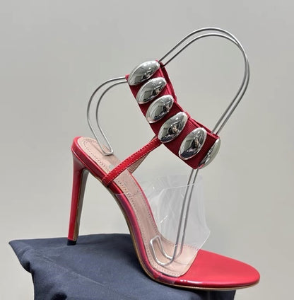 Women's High Heels | Round Toe Metal Buckle Transparent PVC Roman Sandals Red sandals