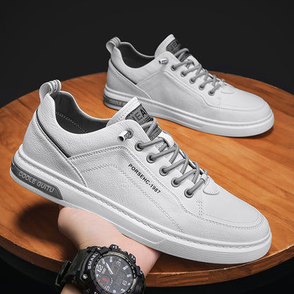 Men's Casual Leather Shoes | Versatile Thick-Soled Sports Sneakers | White Elastic Band Sneakers White