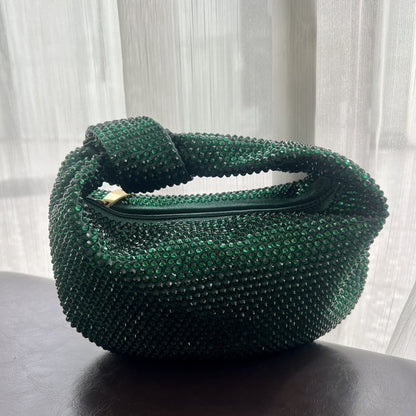 Crystal Diamond-Inlaid Half Moon Underarm Bag | Elegant Canvas Small Bag with Knots green 27cm*13cm*10cm