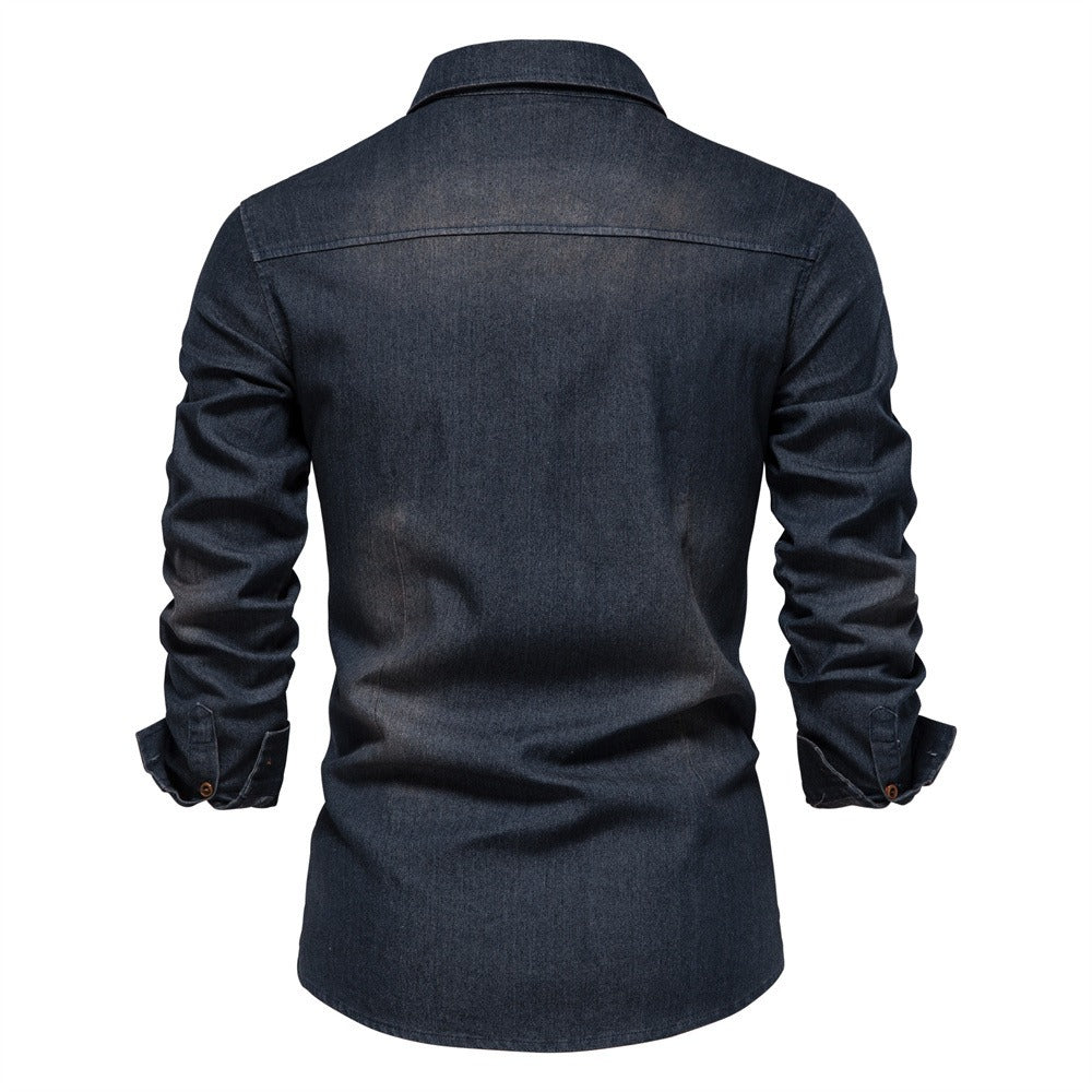 Men's Iron-Free Slim Fit Denim Shirt | US Size Casual Long Sleeve Solid Color Shirt