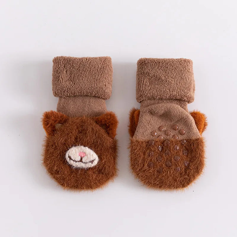 Toddler Socks Newborn Baby Winter Thick Prewalker Boys Autumn Terry Cotton Girl Infant Skidproof Sole Kids Cartoon Sock 0-3T Dark Coffee Socks