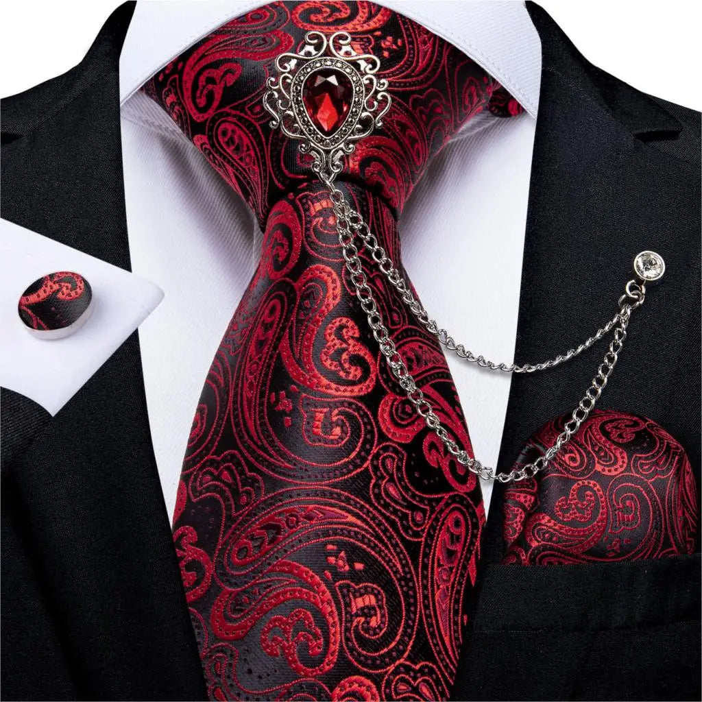 Fashion Green Dot Red 8cm Men's Silk Tie Business Wedding Party Necktie Handkerchief Brooch Cufflinks Set Men's Gift Tie DiBanGu 0314-XZ-0010