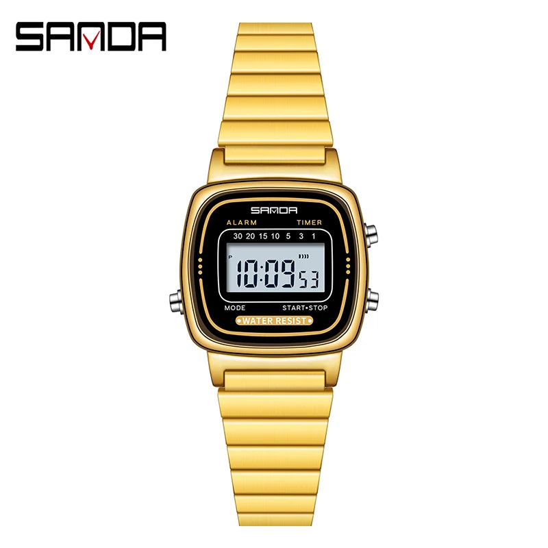 SANDA 6053 LED Digital Watch | Fashionable Waterproof Sport Watch for Boys & Women with Stopwatch and Multiple Features Gold CHINA