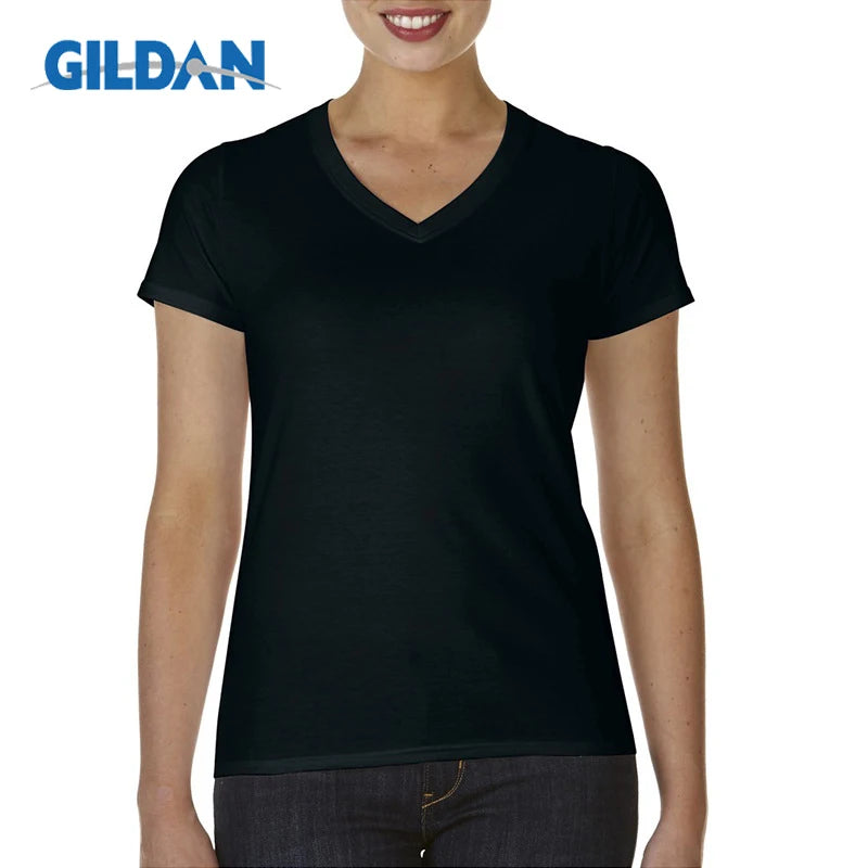 Gildan Brand Women Summer V Neck Short Sleeve Cotton T Shirt Slim Camiseta Feminina T Shirts Female Oversized Tops Tees black